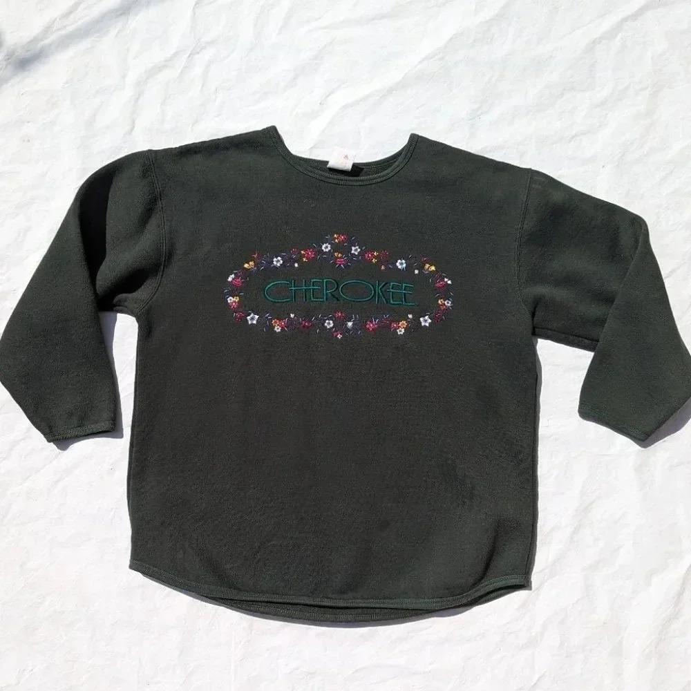Vintage Cherokee  Green Crew Sweatshirt with Logo & Floral Design- Woman Medium
